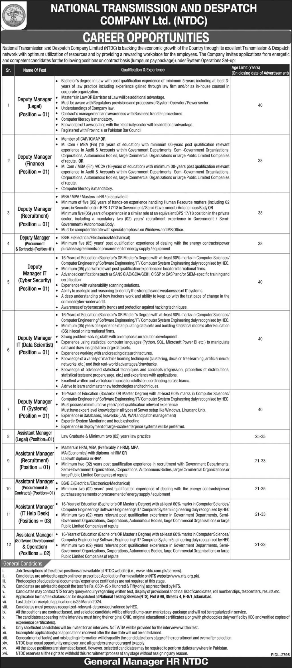 National Transmission & Despatch Company NTDC Jobs 2024 Jobs 2024 — original advertisement