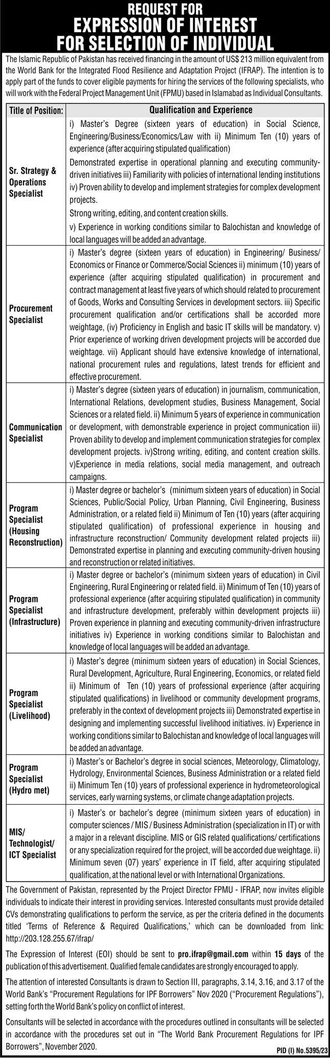 Project Management Unit PMU Islamabad Jobs 2024 – Private Sector Organization Jobs 2024 — original advertisement