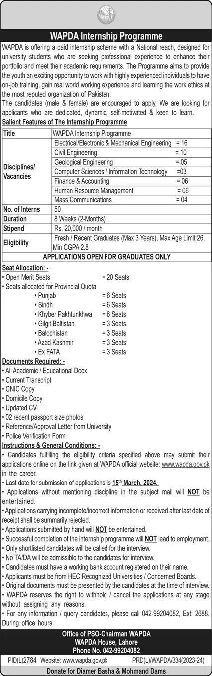 WAPDA Internship Program 2024 – Water and Power Development Authority Jobs 2024 — original advertisement