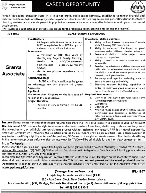 Punjab Population Innovation Fund PPIF Jobs 2024 – Private Sector Organization Jobs 2024 — original advertisement