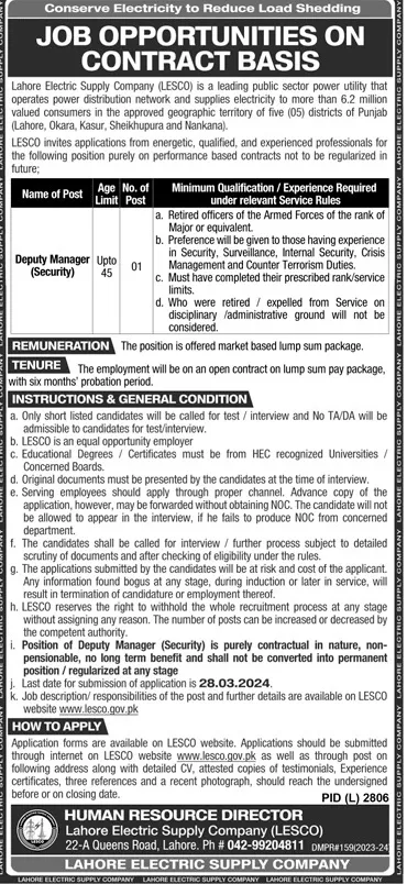 Lahore Electric Supply Company LESCO Jobs 2024 – Lahore Electric Supply Company LESCO Lahore Jobs 2024 — original advertisement