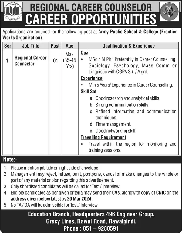Army Public School & College APS&C Rawalpindi Jobs 2024 – Army Public School & College Paksitan Jobs 2024 — original advertisement