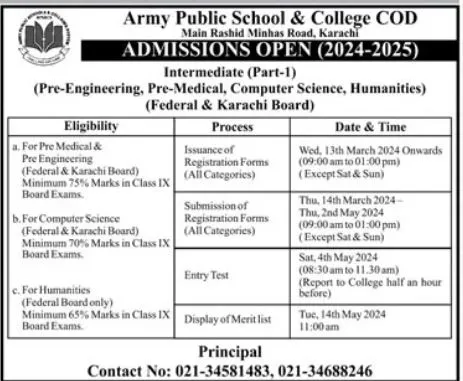 Admissions Open in Army Public School And College Cod Karach – Army Public School & College Paksitan Admissions 2024 — original advertisement