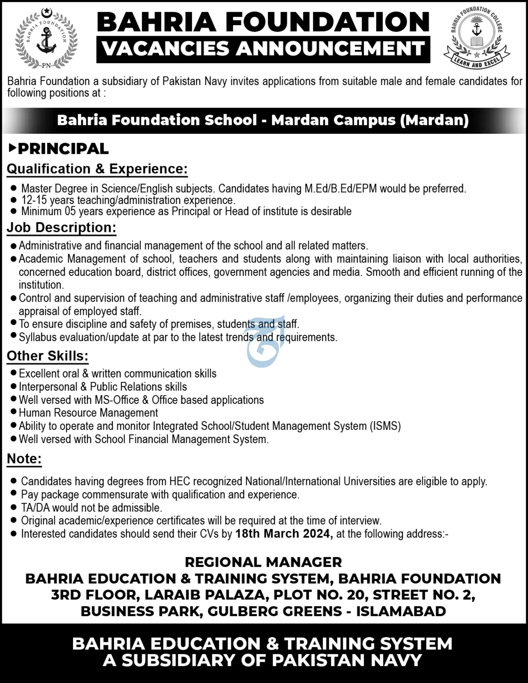 Bahria Foundation School Mardan Campus 2024 Jobs 2024 — original advertisement