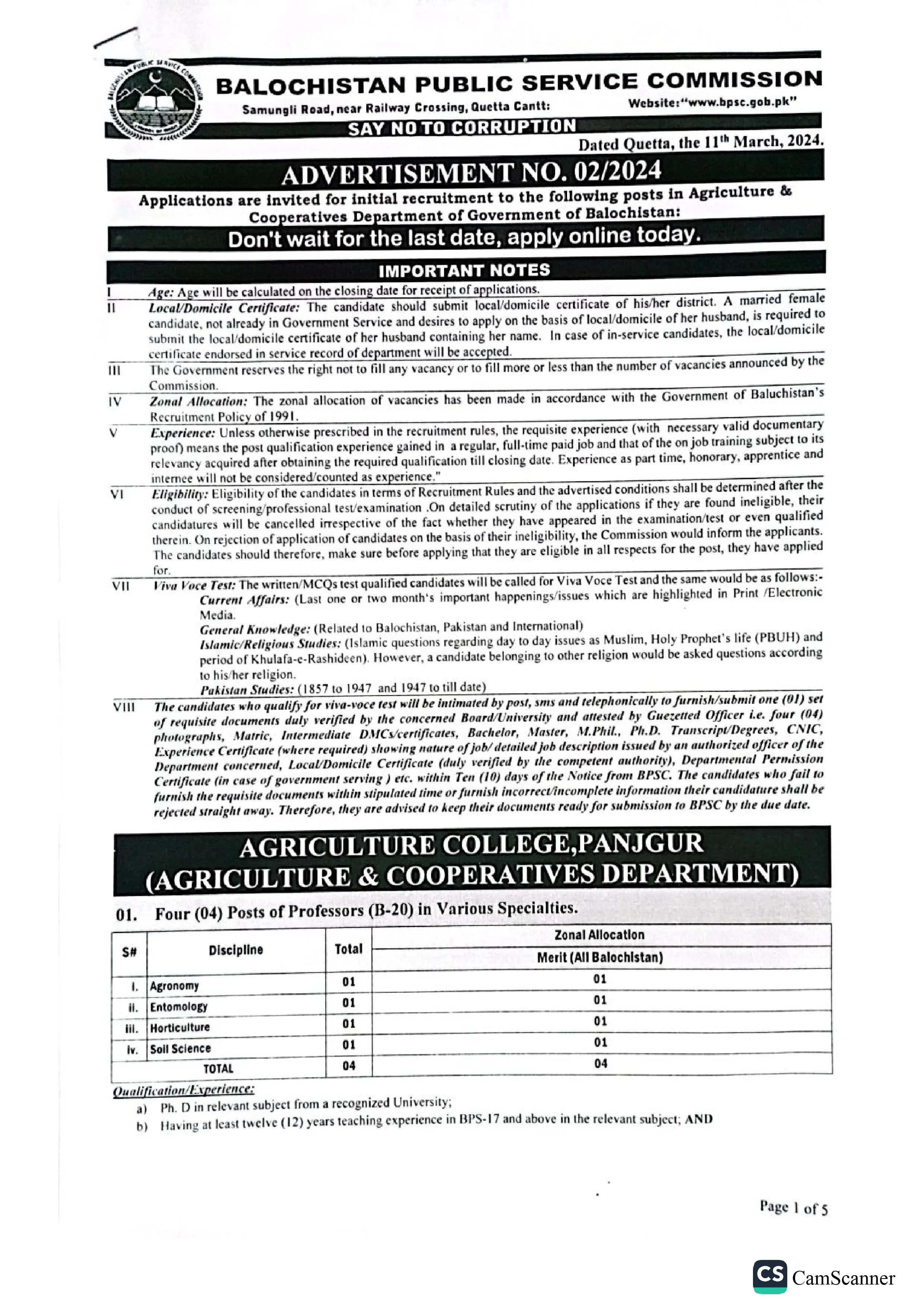 Balochistan Public service commission Jobs 02/2024 – Balochistan Public Service Commission Quetta Balochsitan Jobs 2024 — original advertisement