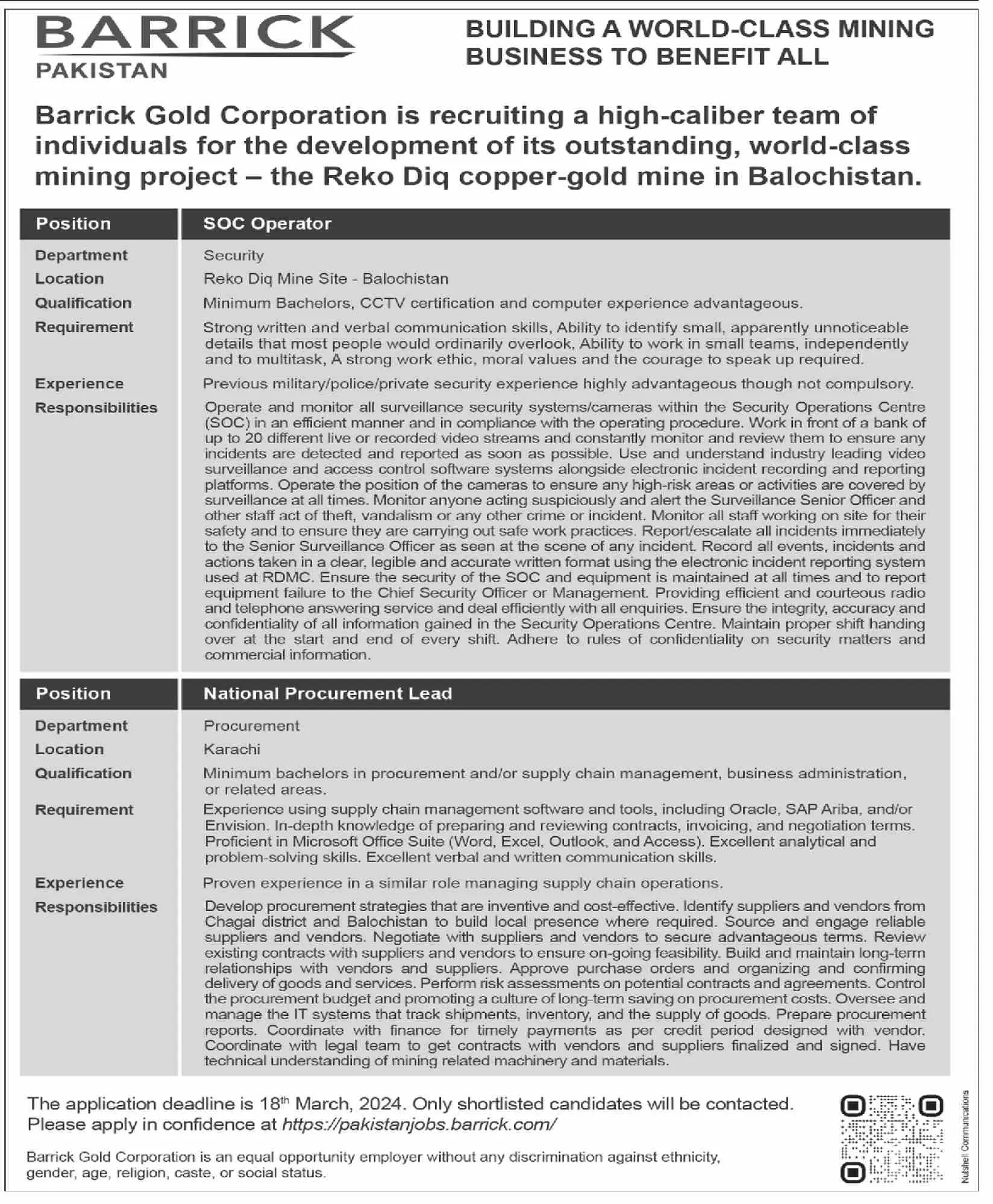 Barrick Pakistan Balochistan Jobs 2024 Jobs 2024 — original advertisement