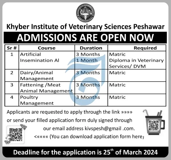 Admissions khyber institute of Veterinary sciences Peshawar Admissions 2024 — original advertisement