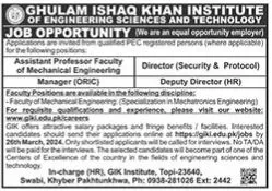 Ghulam Ishaq Khan Institute Of Engineering Science Jobs 2024 – Ghulam Ishaq Khan GIK Institute of Engineering Sciences and Technology Swabi Jobs 2024 — original advertisement