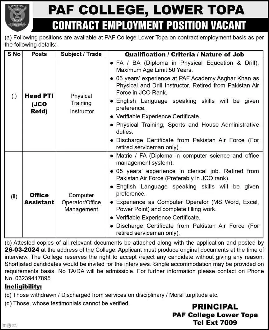 PAF College Lower Topa MurreeJobs 2024 – Pakistan Air Force Jobs 2024 — original advertisement