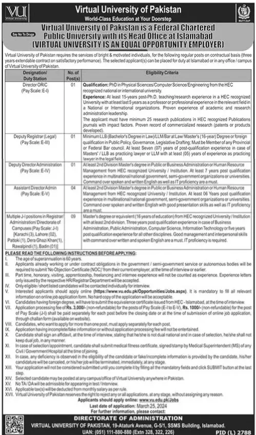 Virtual University Of Pakistan Islamabad Jobs 2024 Jobs 2024 — original advertisement