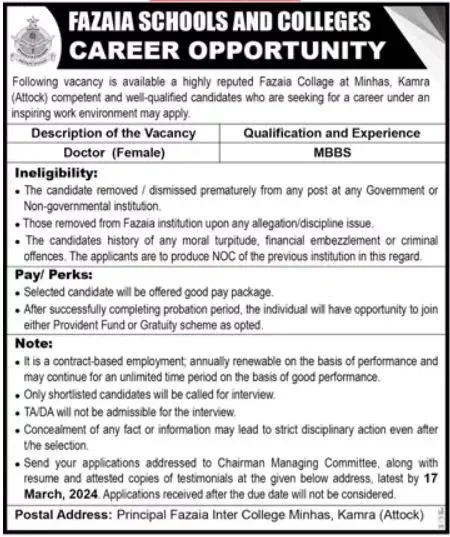 Fazaia Schools And Colleges Kamra Punjab 2024 – Fazaia Schools & Colleges Jobs 2024 — original advertisement