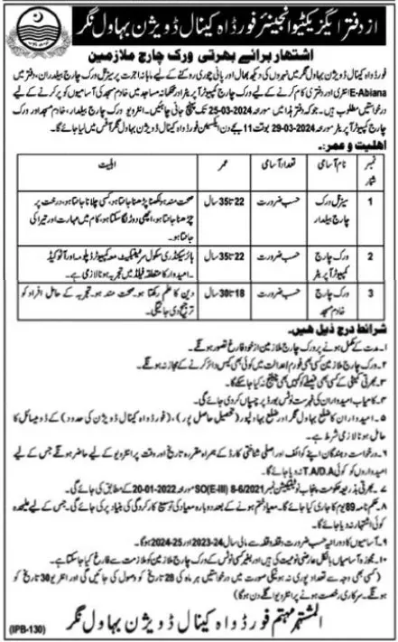 Canal Division Bahawalnagar Jobs 2024 – Irrigation Department Punjab Jobs 2024 — original advertisement