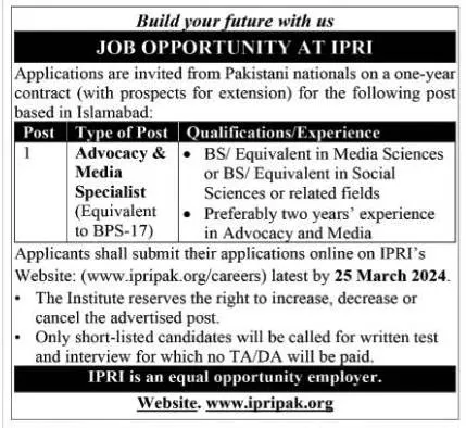 Islamabad Policy Research Institute IPRI Islamabad Job 2024 Jobs 2024 — original advertisement