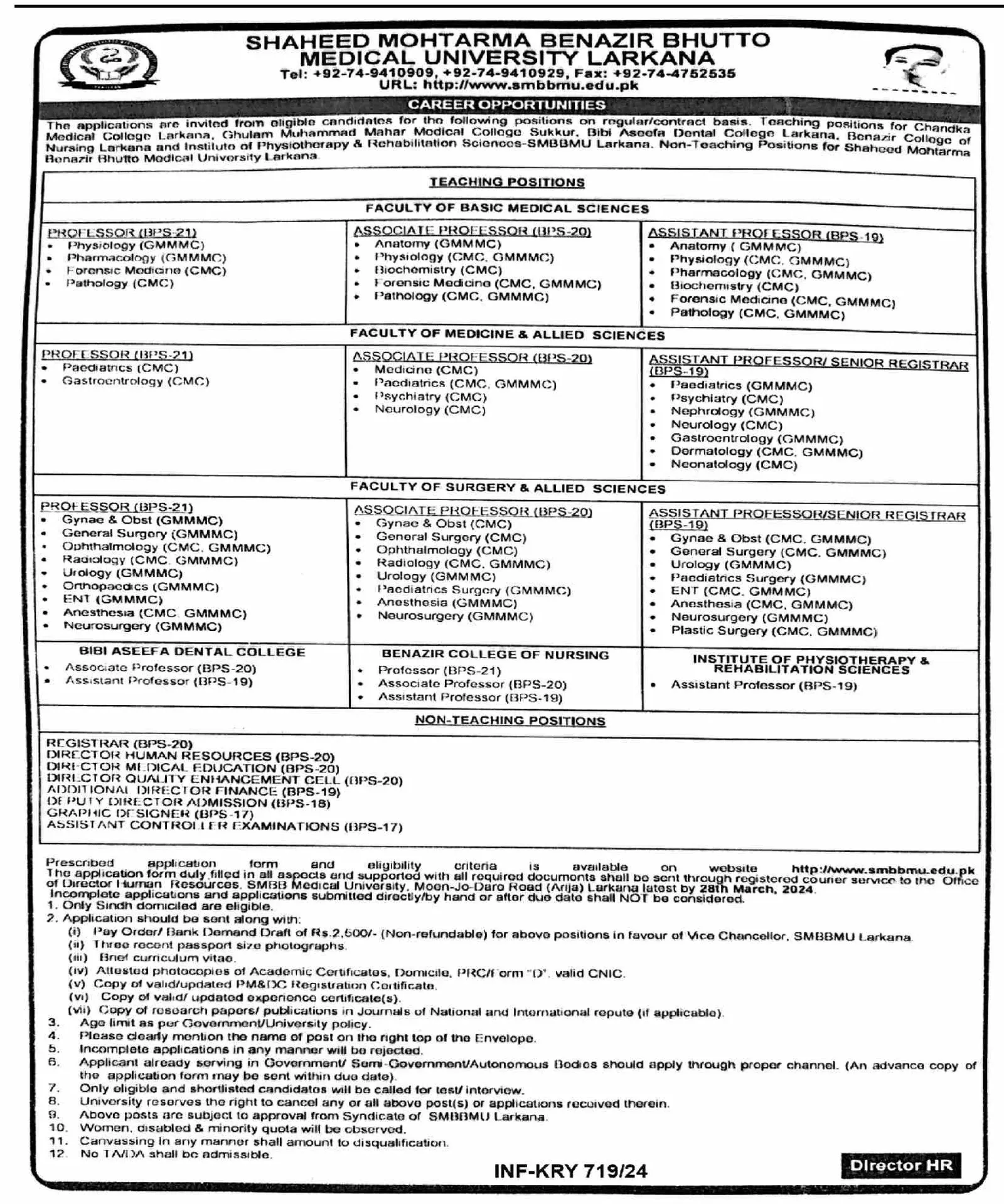 Shaheed Mohtarma Benazir Bhutto Medical University Jobs 2024 – Shaheed Mohtarma Benazir Bhutto Medical University Larkana Jobs 2024 — original advertisement