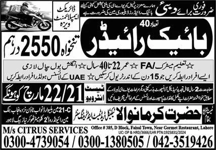 Bike Rider & Rider Jobs 2024 In Dubai – Hazrat Karmanwala Technical Trade Test & Training Center Jobs 2024 — original advertisement