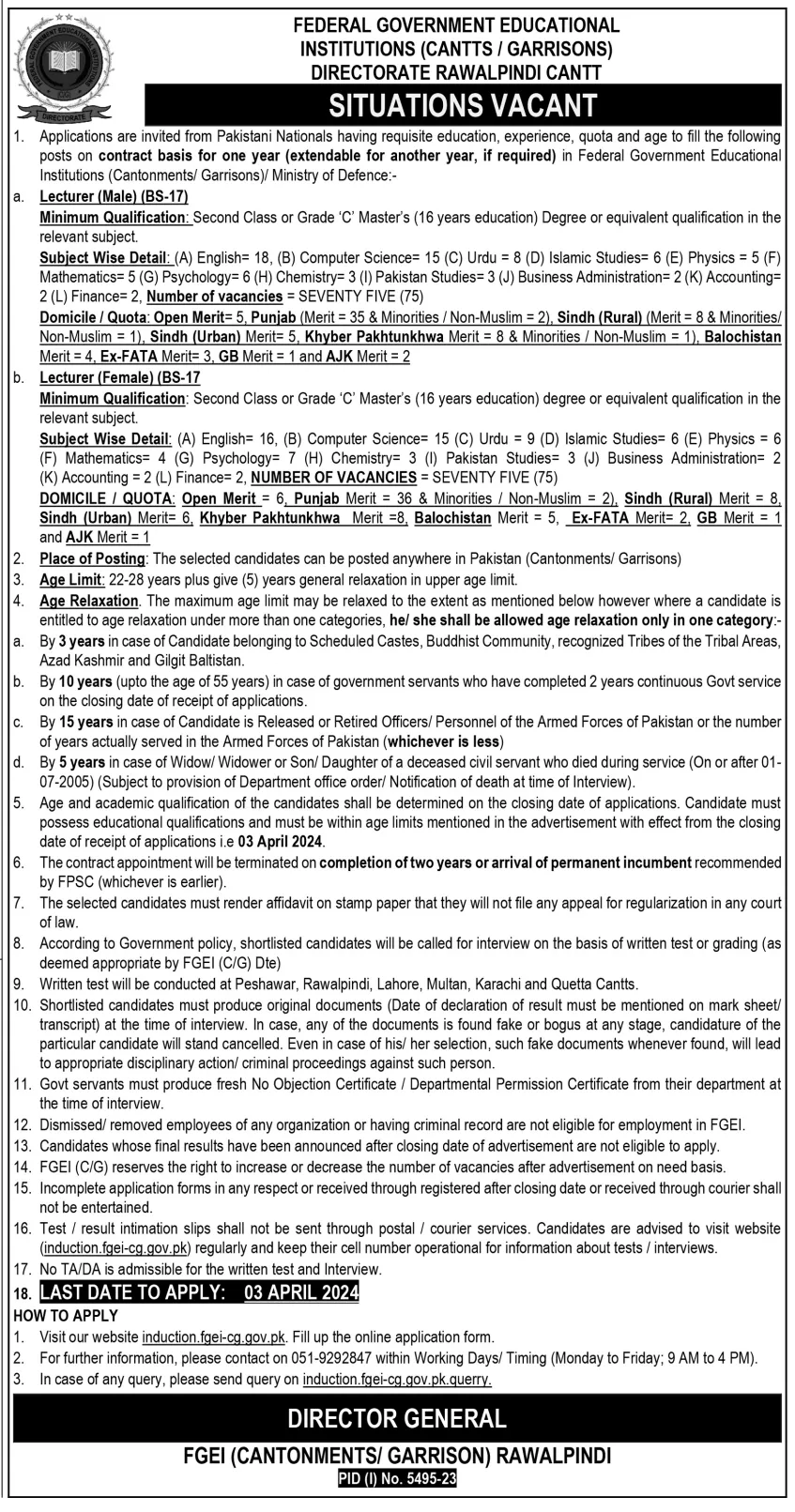Federal Government Educational Institutions Rawalpindi Jobs – Federal Govt Educational Institutes Cantts and Garrisons Jobs 2024 — original advertisement