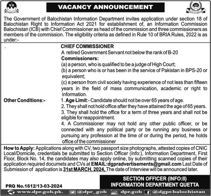 Information department Balochistan Jobs 2024 Jobs 2024 — original advertisement