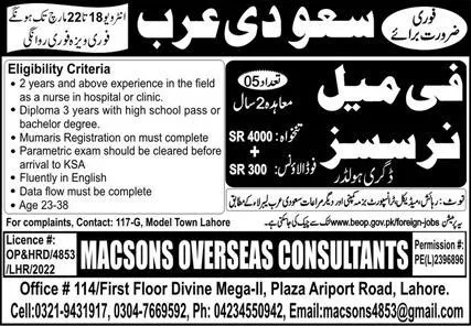 Female Nurse & Nurse Jobs 2024 In Saudi Arabia – Macsons Overseas Consultants Jobs 2024 — original advertisement