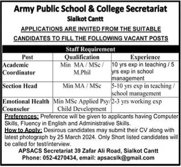 Army Public Schools & Colleges System Secretariat Jobs 2024 – Army Public School & College Paksitan Jobs 2024 — original advertisement