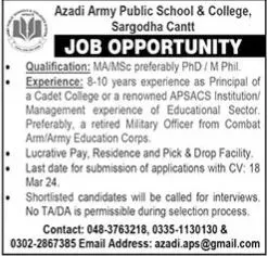 Azadi Army Public School & College Sargodha Jobs 2024 – Army Public School & College Paksitan Jobs 2024 — original advertisement