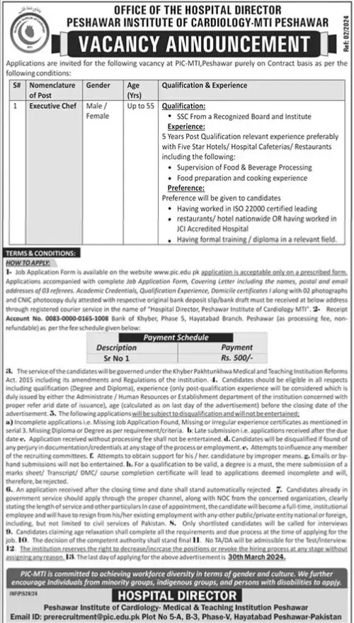 Peshawar Institute Of Cardiology PIC Jobs 2024 Jobs 2024 — original advertisement