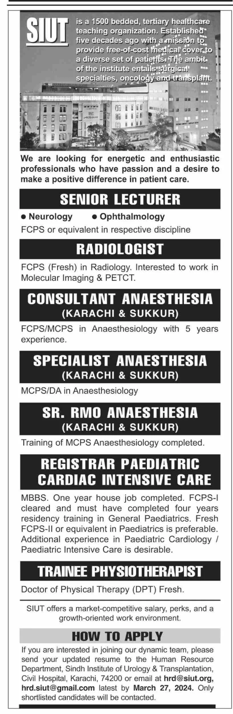 Sindh Institute Of Urology And Transplantation Jobs 2024 – Sindh Institute of Urology and Transplantation SIUT Karachi Jobs 2024 — original advertisement