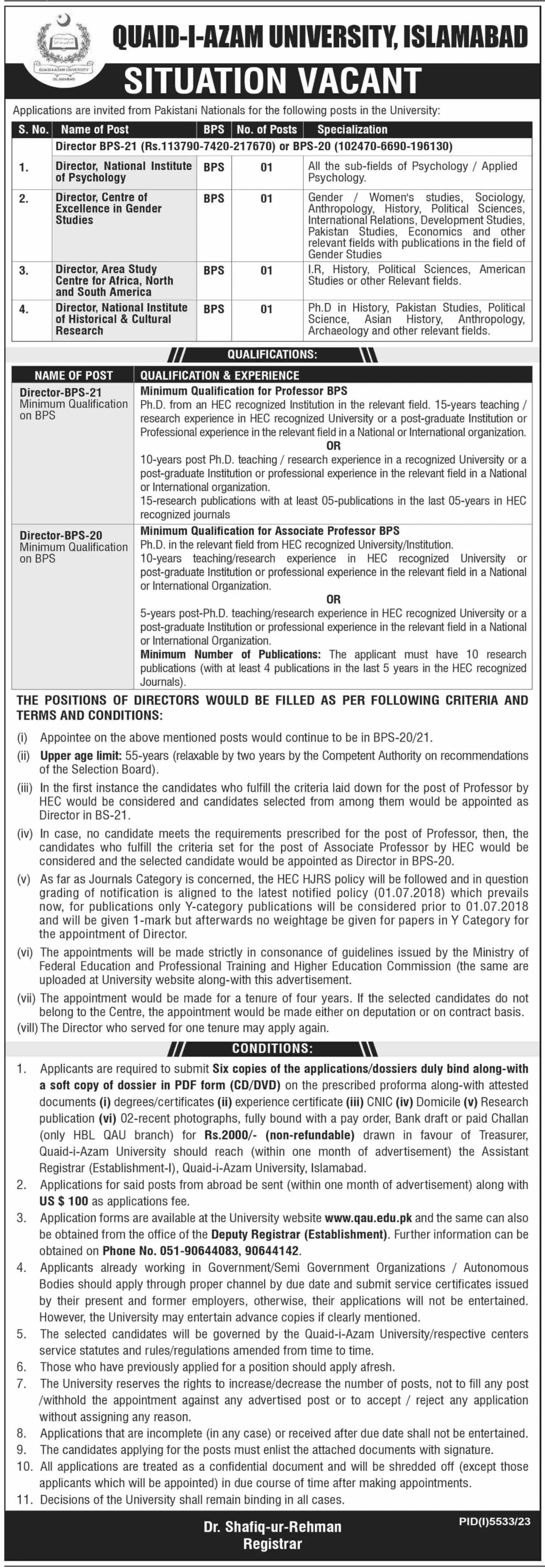 Quaid I Azam Univerisity Islamabad Jobs 2024 – Quaid-i-Azam University, Islamabad , Pakistan Jobs 2024 — original advertisement