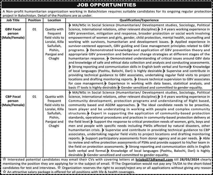 Non Profit Humanitratian Organization Balochistan Jobs 2024 – Public Sector Organization Jobs 2024 — original advertisement