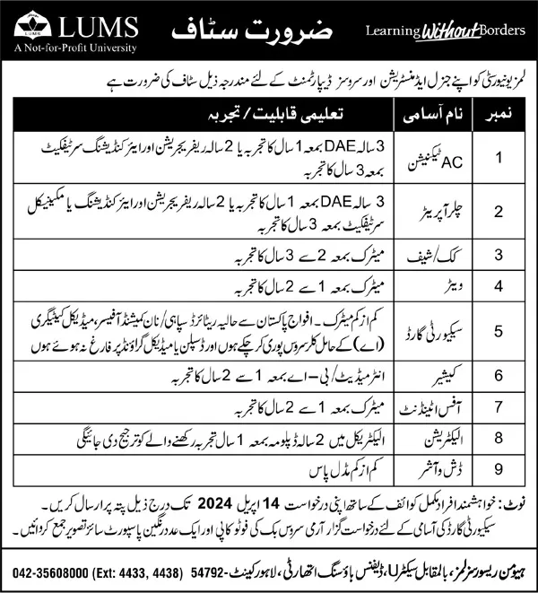 Lahore Univerisy of Management Science Lums Lahore Jobs 2024 – Lahore University of Management Sciences (LUMS) Lahore Jobs 2024 — original advertisement