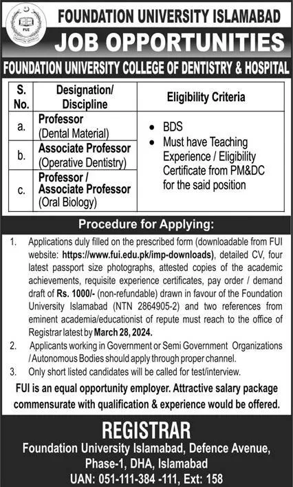 Foundation Univeristy Islamabad Jobs 2024 – Foundation University islamabad Jobs 2024 — original advertisement