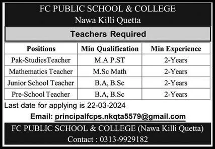 Fc Public School And College Nawa Killi Quetta Jobs 2024 Jobs 2024 — original advertisement