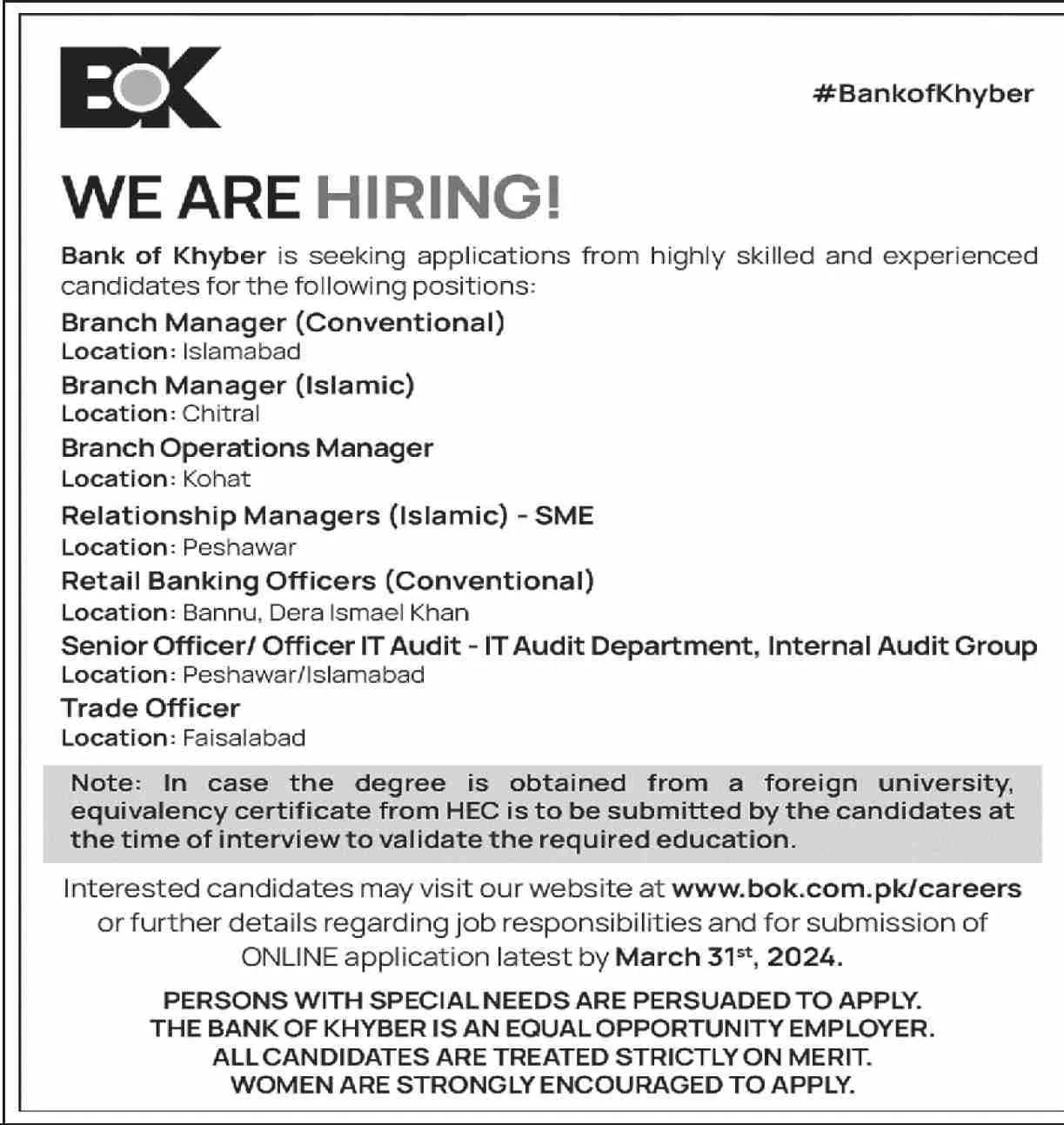 Bank of Khyber Jobs 2024 Jobs 2024 — original advertisement