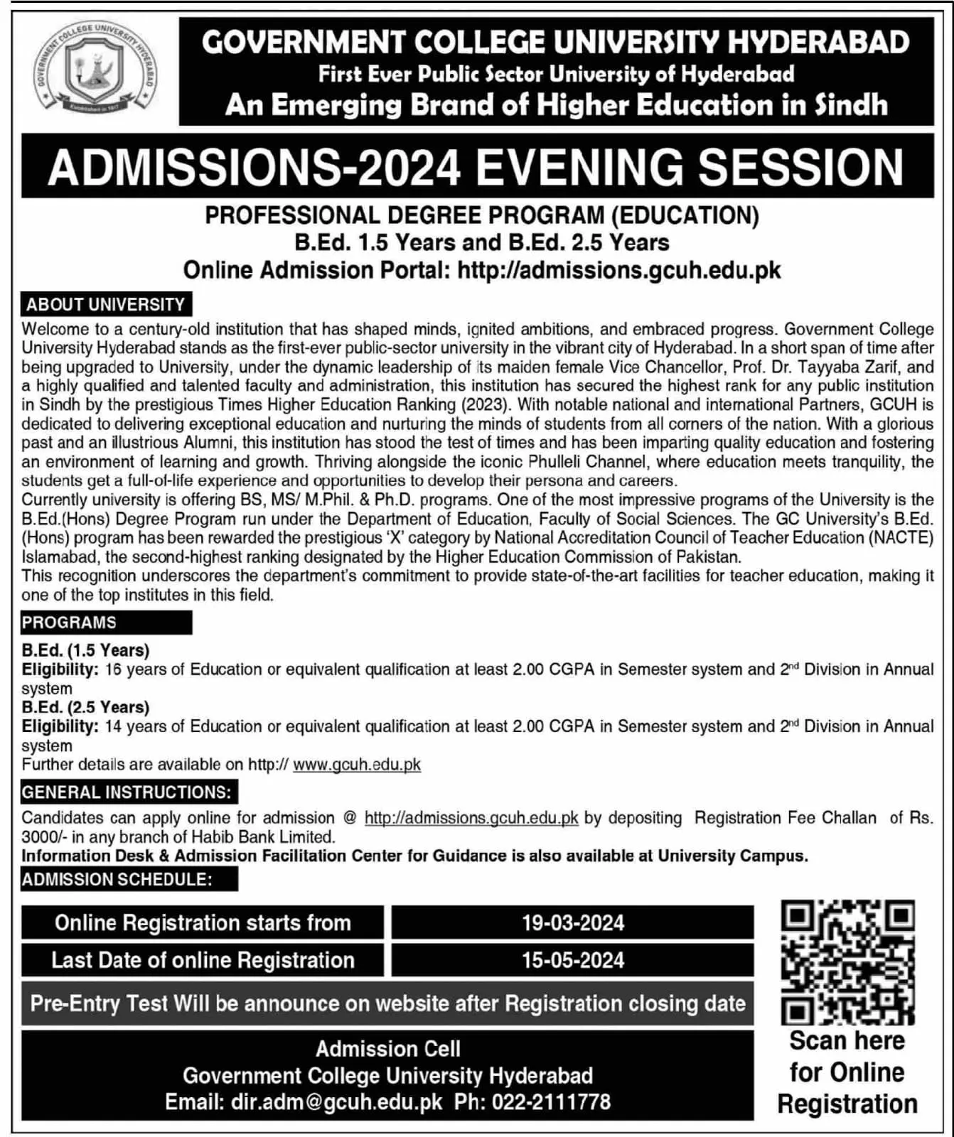Admission Open in Government College Univerisity Hyderabad – Government College University Hyderabad Admissions 2024 — original advertisement