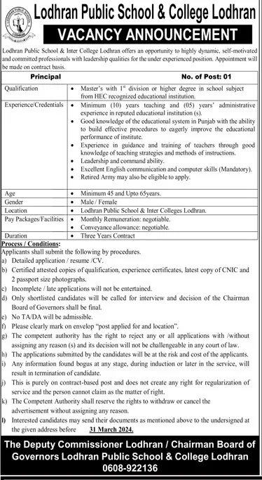 Lodhran Public School & College Lodhran Punjab Jobs 2024 Jobs 2024 — original advertisement