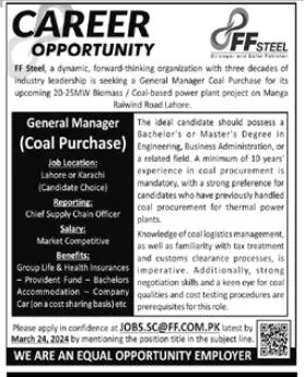 FF Steel Manufacturing Industry Lahore Jobs 2024 – Private Company Jobs 2024 — original advertisement