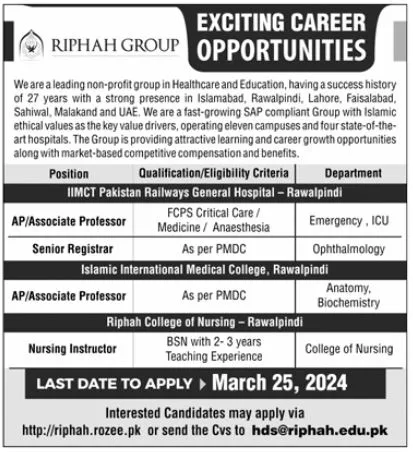 Riphah Group Rawalpindi Jobs  2024 – Riphah International University Jobs 2024 — original advertisement