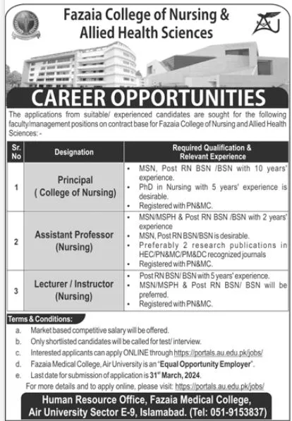 Fazaia College Of Nursing Islamabad Jobs 2024 – Fazaia Schools & Colleges Jobs 2024 — original advertisement