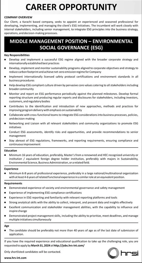 Human Resource Solution International HRSI karachi Jobs 2024 – HRSG People and Business karachi Jobs 2024 — original advertisement