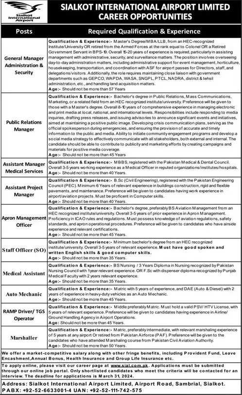 Sialkot International Airport punjab Jobs 2024 – Sialkot International Airport Limited Jobs 2024 — original advertisement