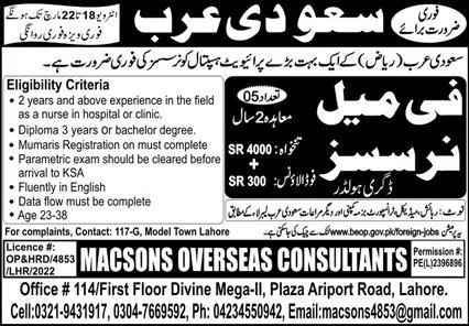 Female Nurses Jobs 2024 In Saudi Arabia – Macsons Overseas Consultants Jobs 2024 — original advertisement