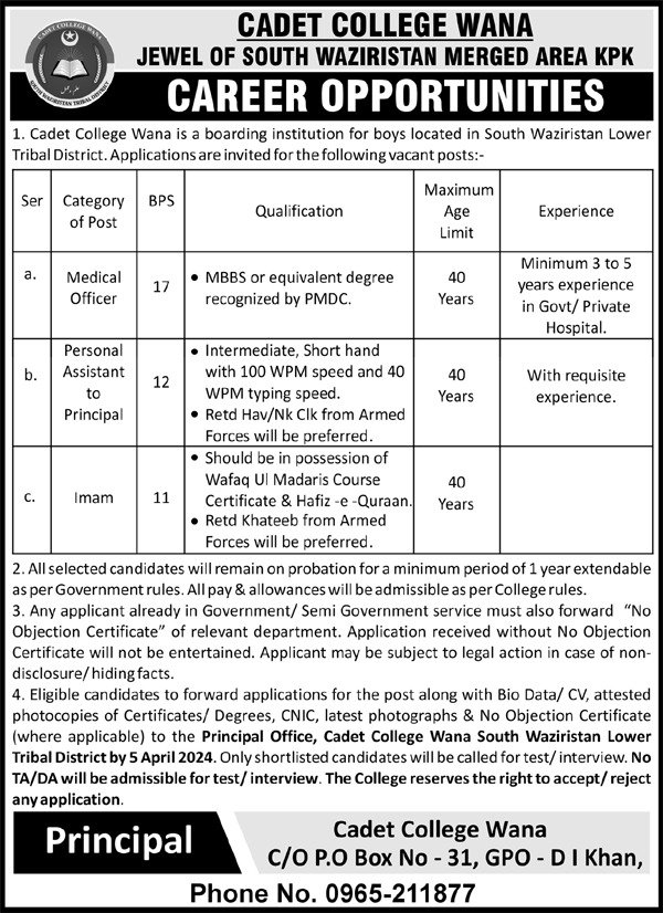 Cadet College Wana Dera Ismail Khan Jobs 2024 Jobs 2024 — original advertisement