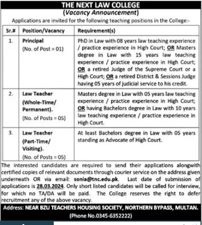 The Next Law College Multan Jobs 2024 – The Next College Multan Jobs 2024 — original advertisement