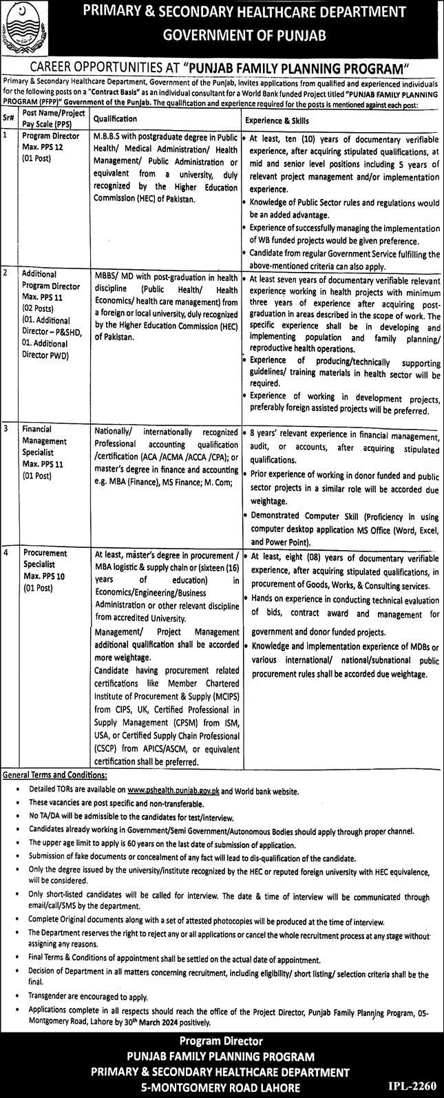 Punjab Family Planning Program PFPP Jobs 2024 – Health Department Punjab Jobs 2024 — original advertisement