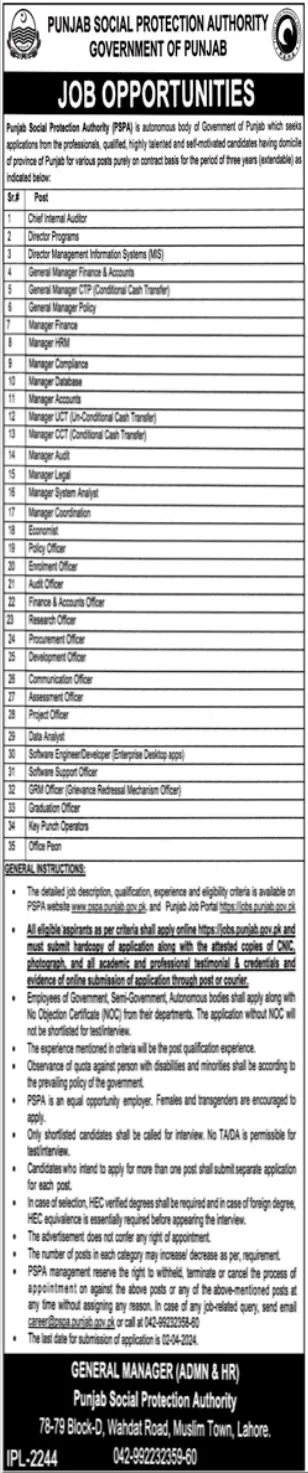 Punjab Social Protection Authority PSPA Lahore Jobs 2024 Jobs 2024 — original advertisement