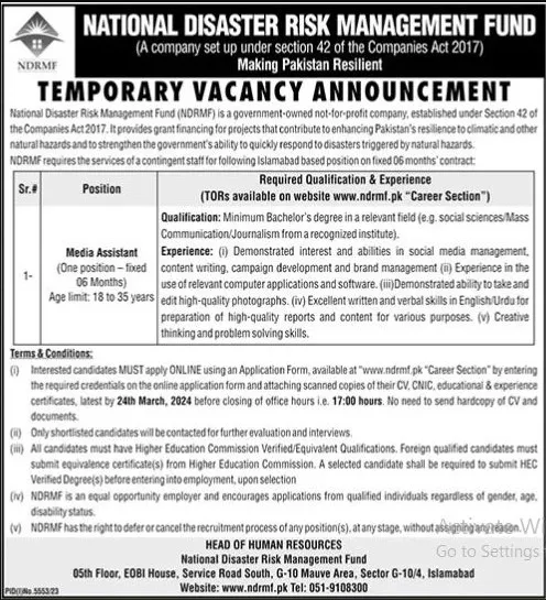 National Disaster Risk Management Fund NDRMF Jobs 2024 – National Disaster & Risk Management Fund Jobs 2024 — original advertisement