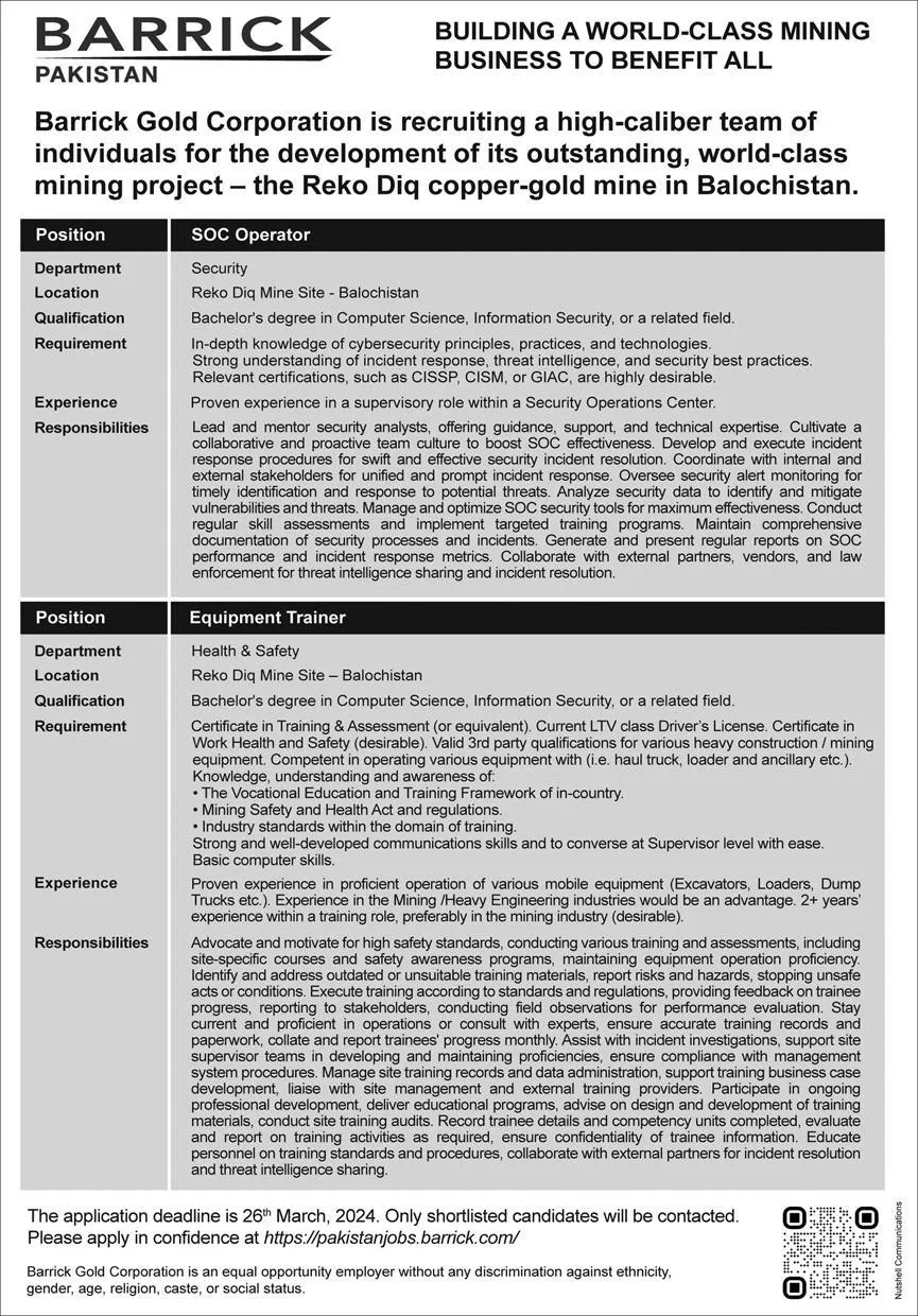 Barrick Pakistan Balochistan Quetta Jobs 2024 Jobs 2024 — original advertisement