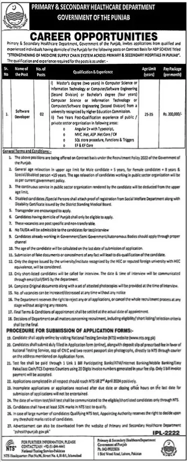 Primary & Secondary Healthcare Department Job – Health Department Punjab Jobs 2024 — original advertisement