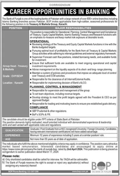 The Bank Of Punjab BOP Lahore Jobs 2024 Jobs 2024 — original advertisement
