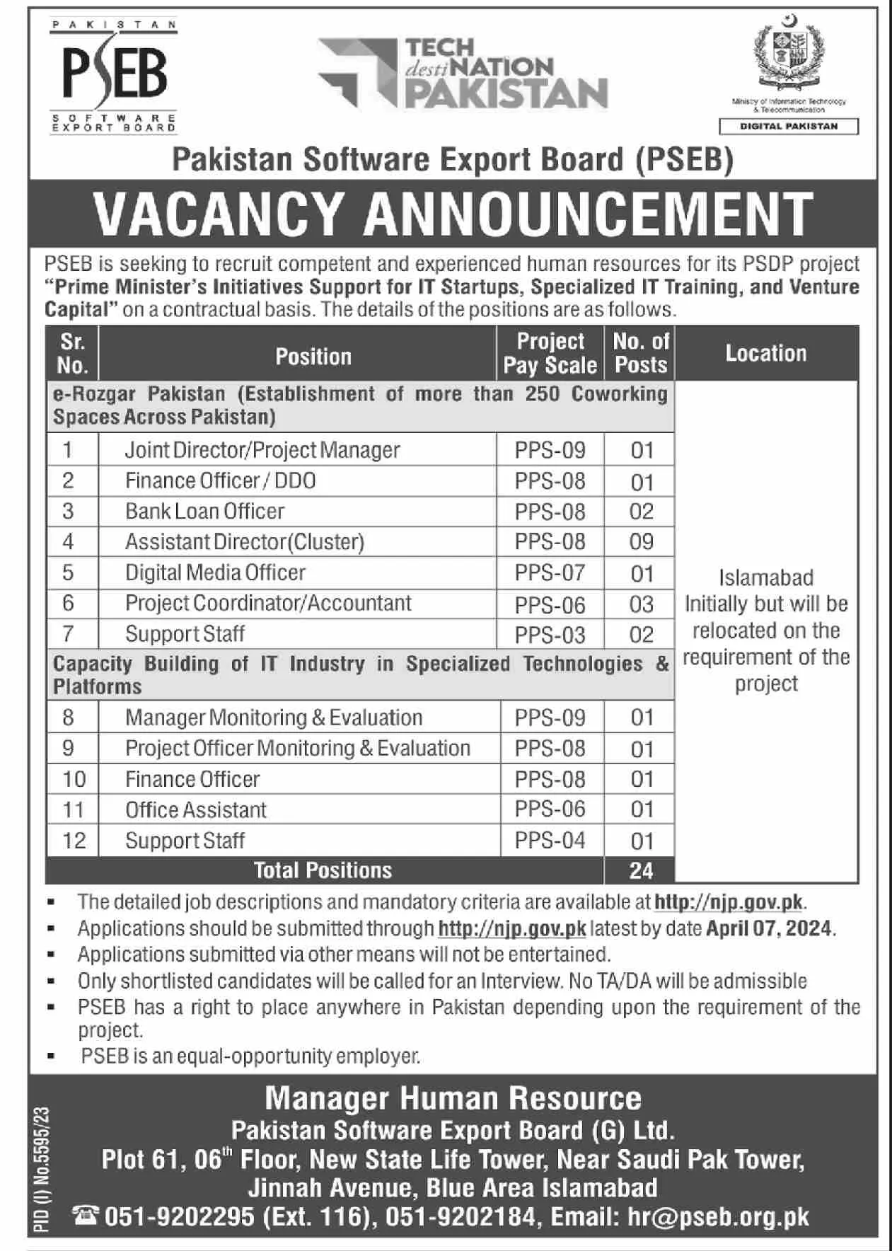 Pakistan Software Export Board PSEB Islamabad Jobs 2024 Jobs 2024 — original advertisement