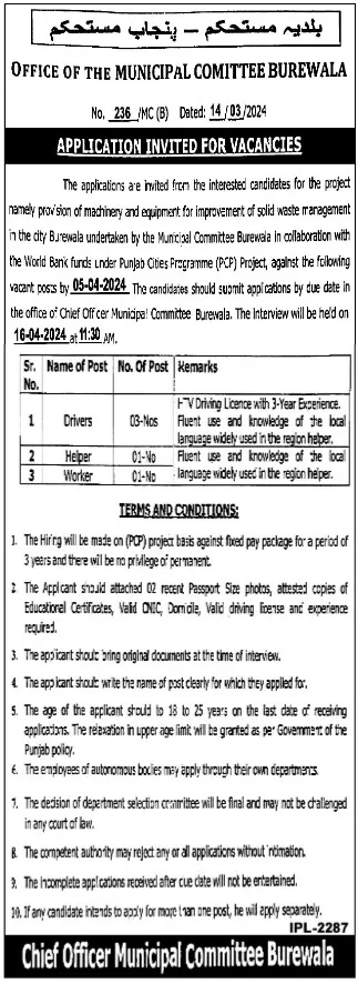 Municipal Committee Burewala Punjab Jobs 2024 – Muncipal Commette Jobs 2024 — original advertisement